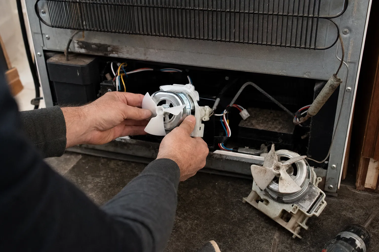 Hands holding a new fan motor and blade at an opened refrigerator machine compartment, old motor on the floor