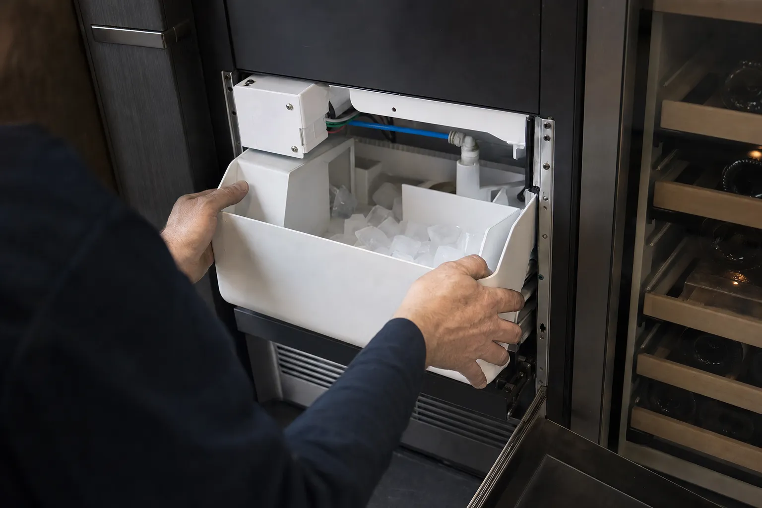 Ice storage bin pulled from a built-in ice maker, a glass-door wine cabinet alongside
