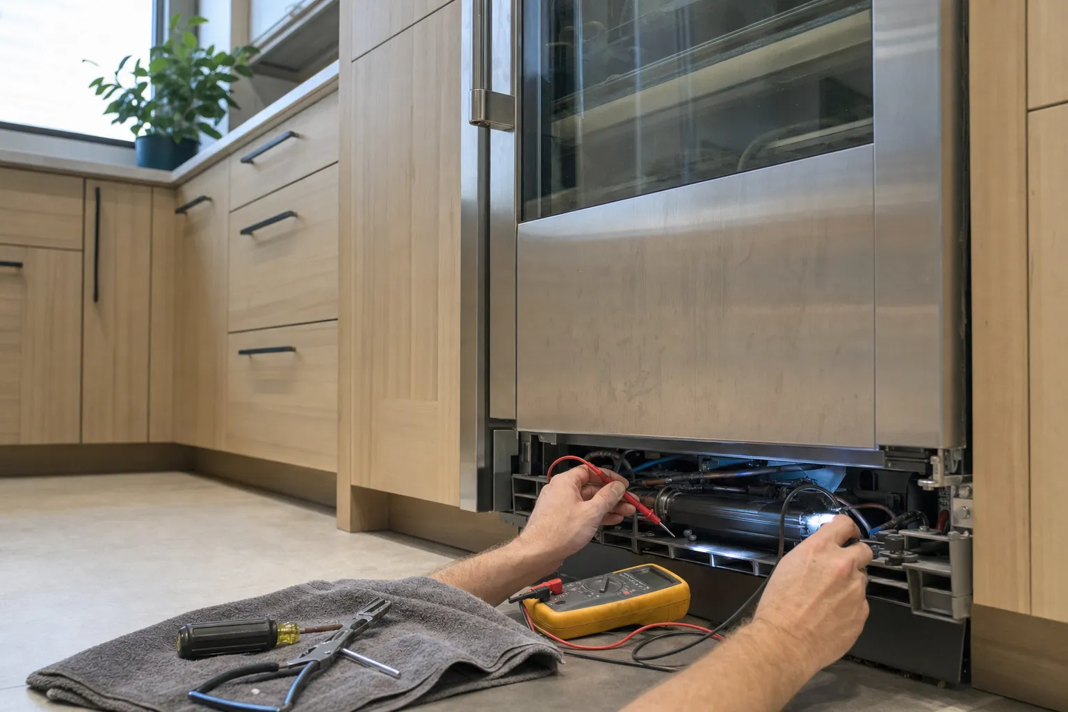 Multimeter probes on components behind the removed lower grille of an undercounter glass-door unit