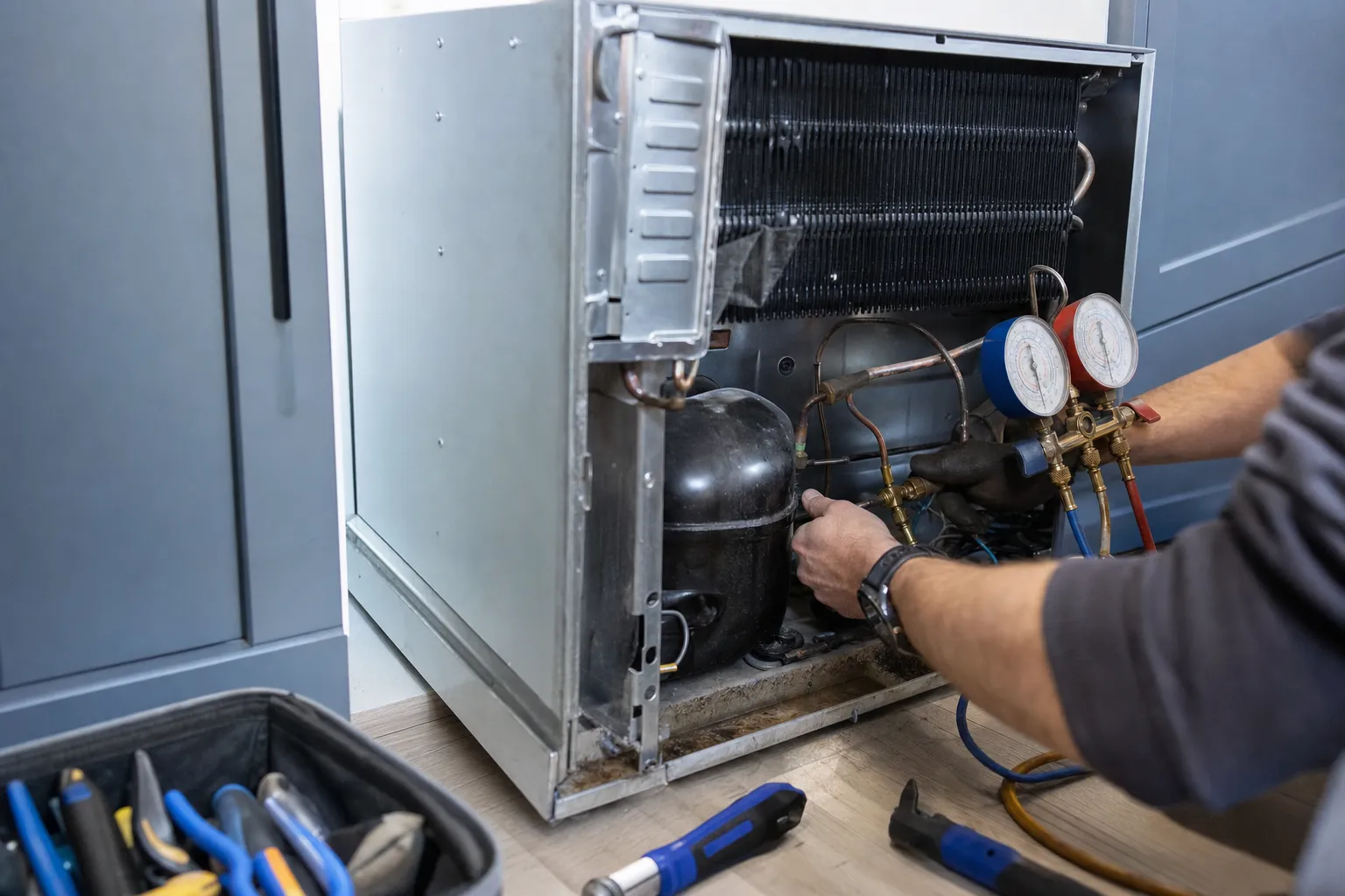 Compact refrigeration unit with its back open, manifold gauges on the compressor below the condenser coil, tool bag on the floor