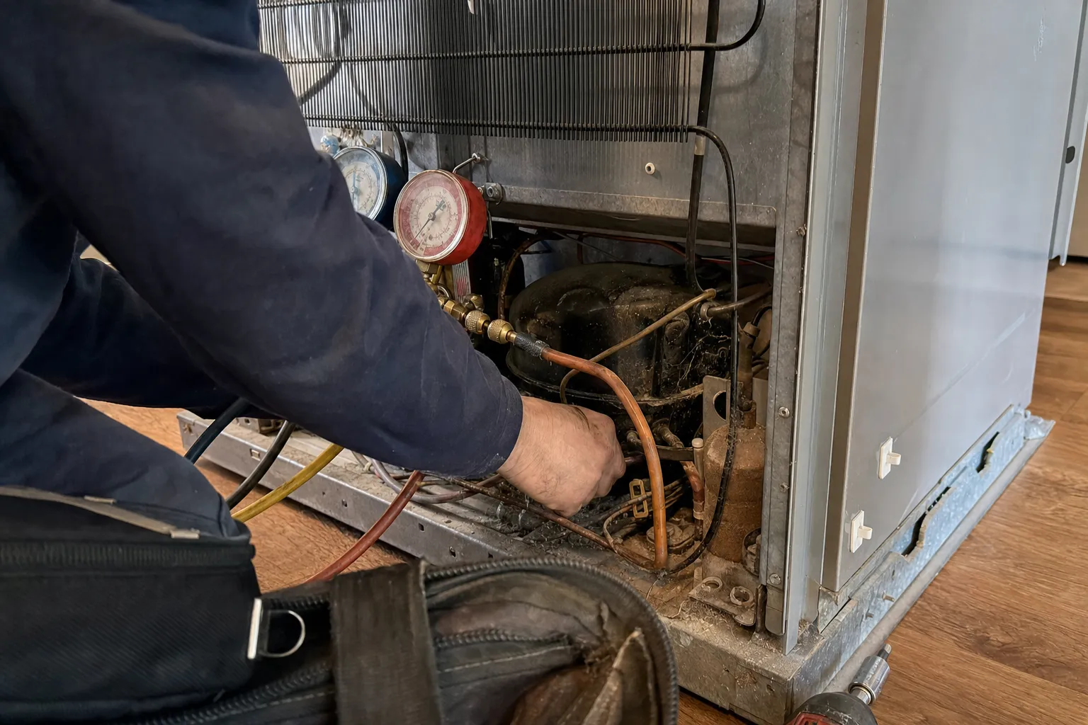 Pressure gauge and charging hoses connected at the compressor in the lower back of a refrigerator, condenser coil above