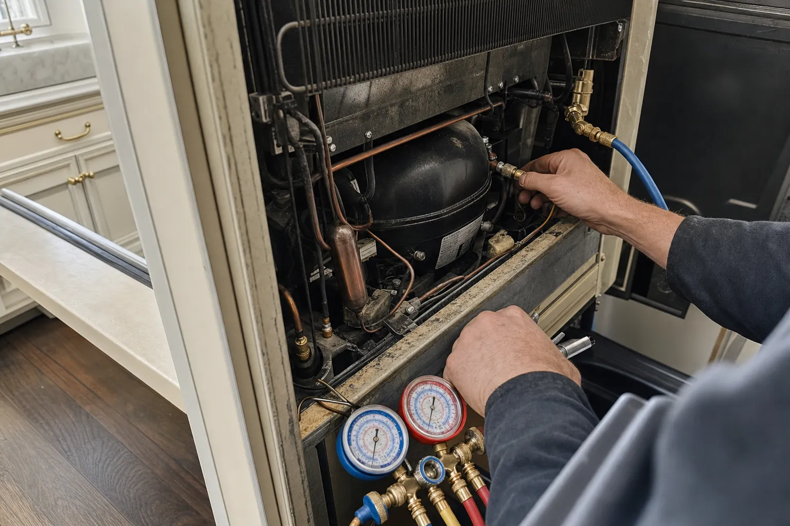 Charging hose connected at the compressor of a built-in unit set into cream cabinetry, manifold gauges at the base
