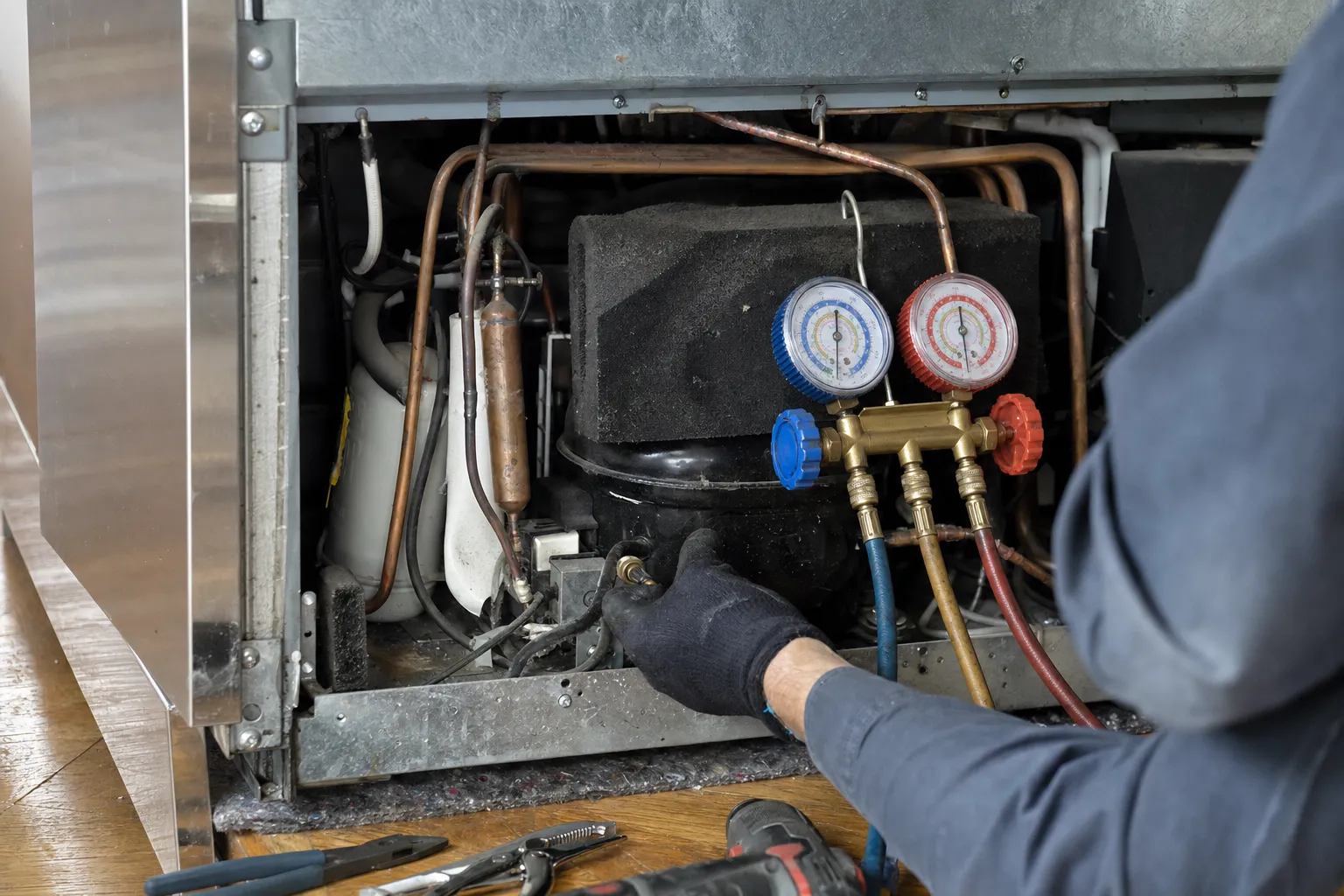 Manifold gauges on the compressor fittings in an open machine compartment, copper lines and a filter drier in view